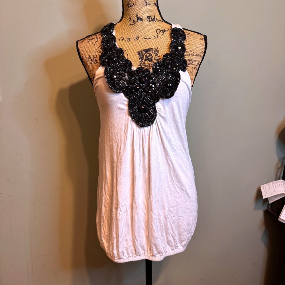 Studio Y White Beaded Bib Neck Racerback Tank Top Small